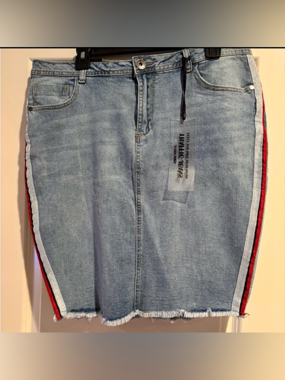 Traffic Jeans Denim Skirt 16W Plus Side Stripe Raw Hem Knee Length Stretch NWT